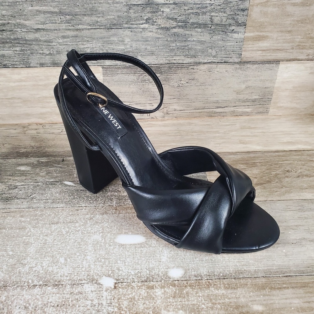 Nine West Larisa 3 Womens Sandals Sz 8.5 M Black Leather Ankle Strap Block Heel